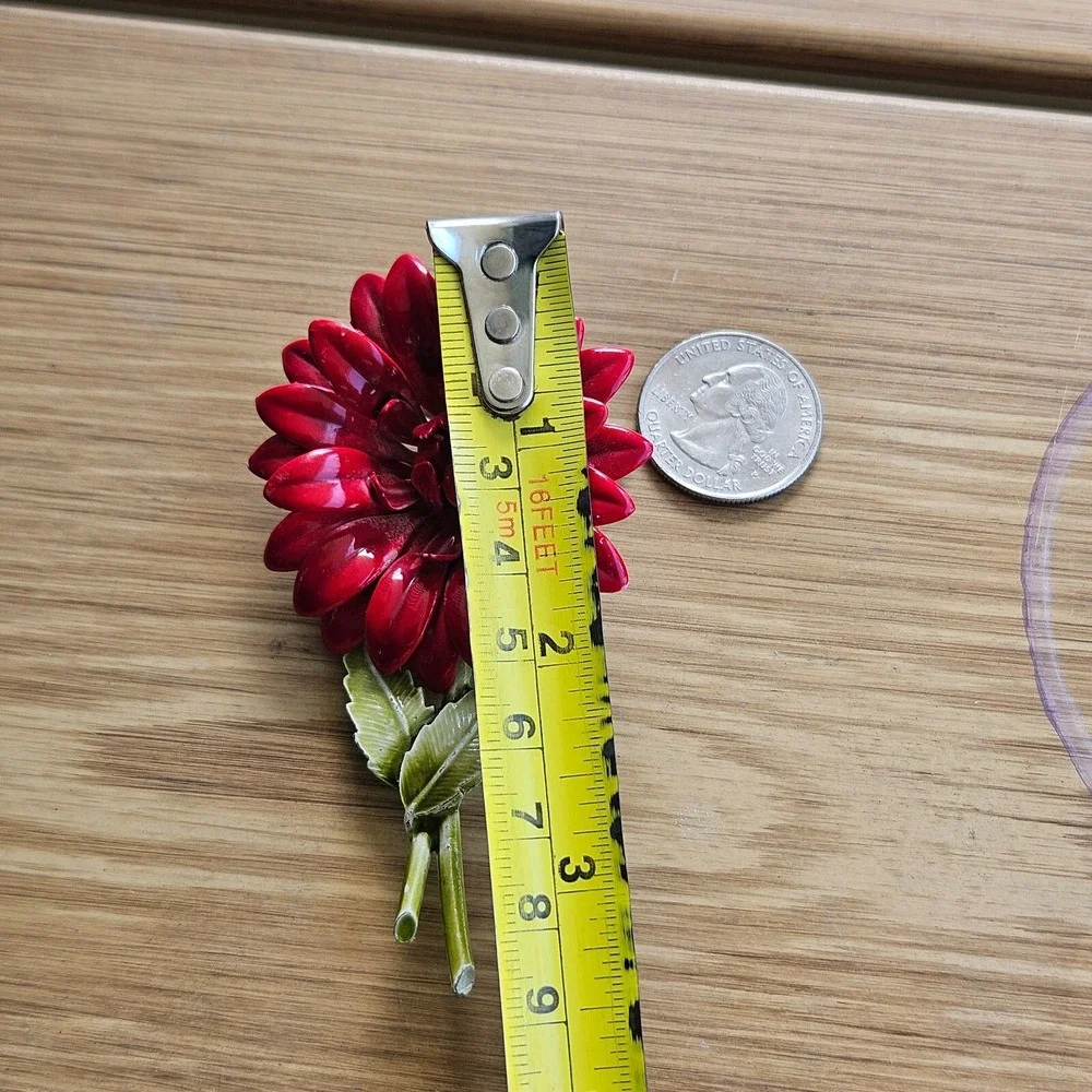 Vintage Red Enamel Painted Flower On Stem Brooch Pin‎ 3.54